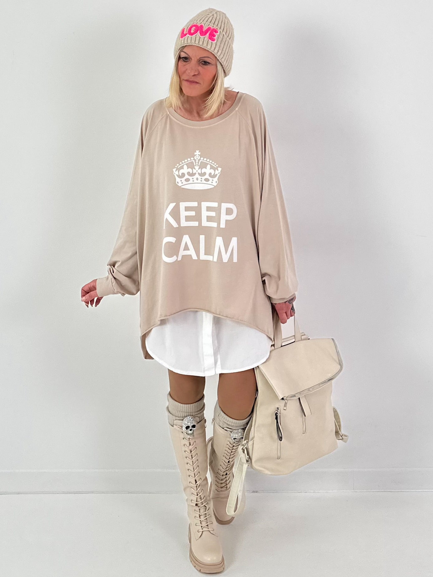Oversized shirt model "KEEP CALM" - beige