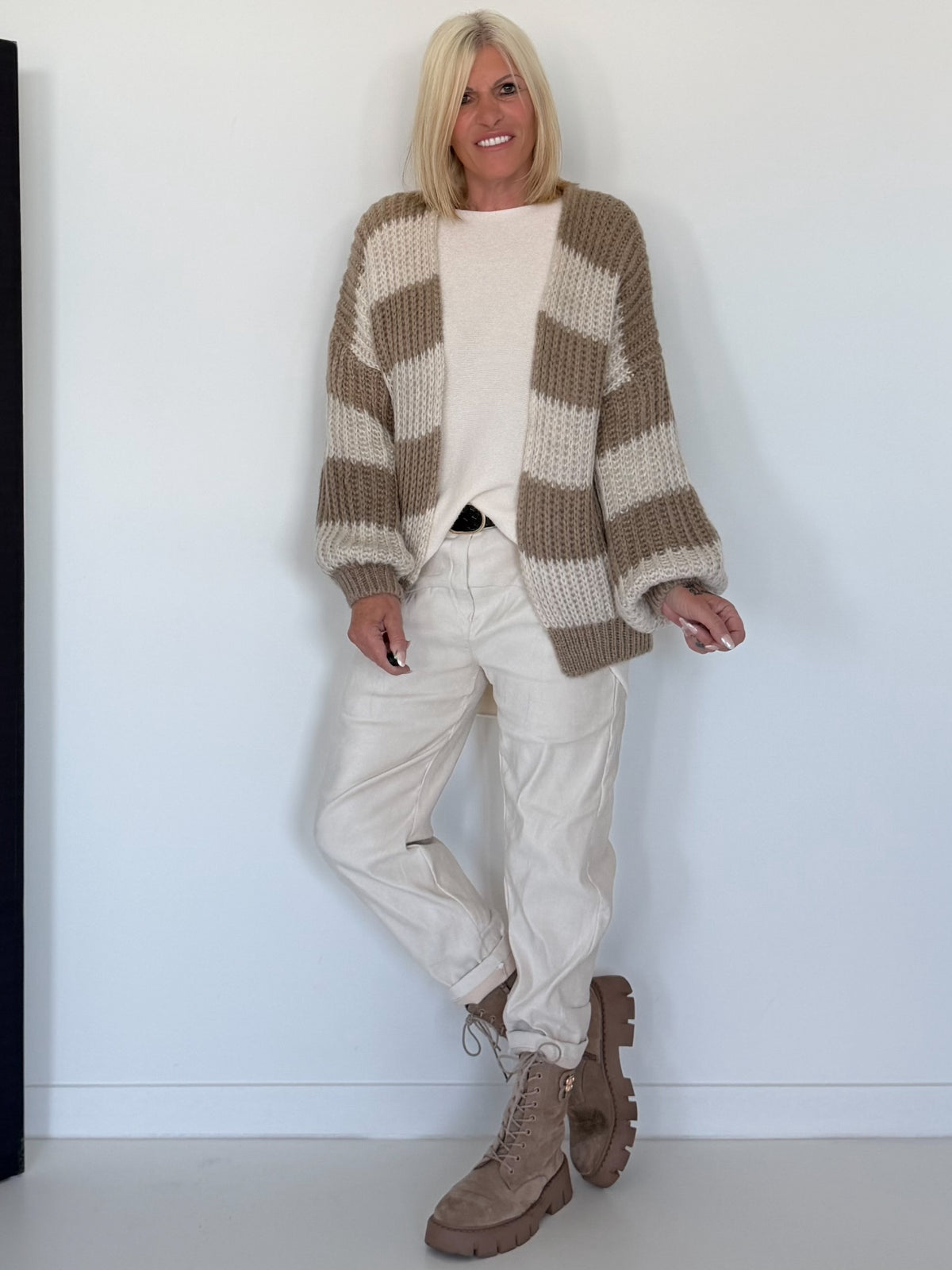 Strickjacke mit Blockstreifen - beige-taupe