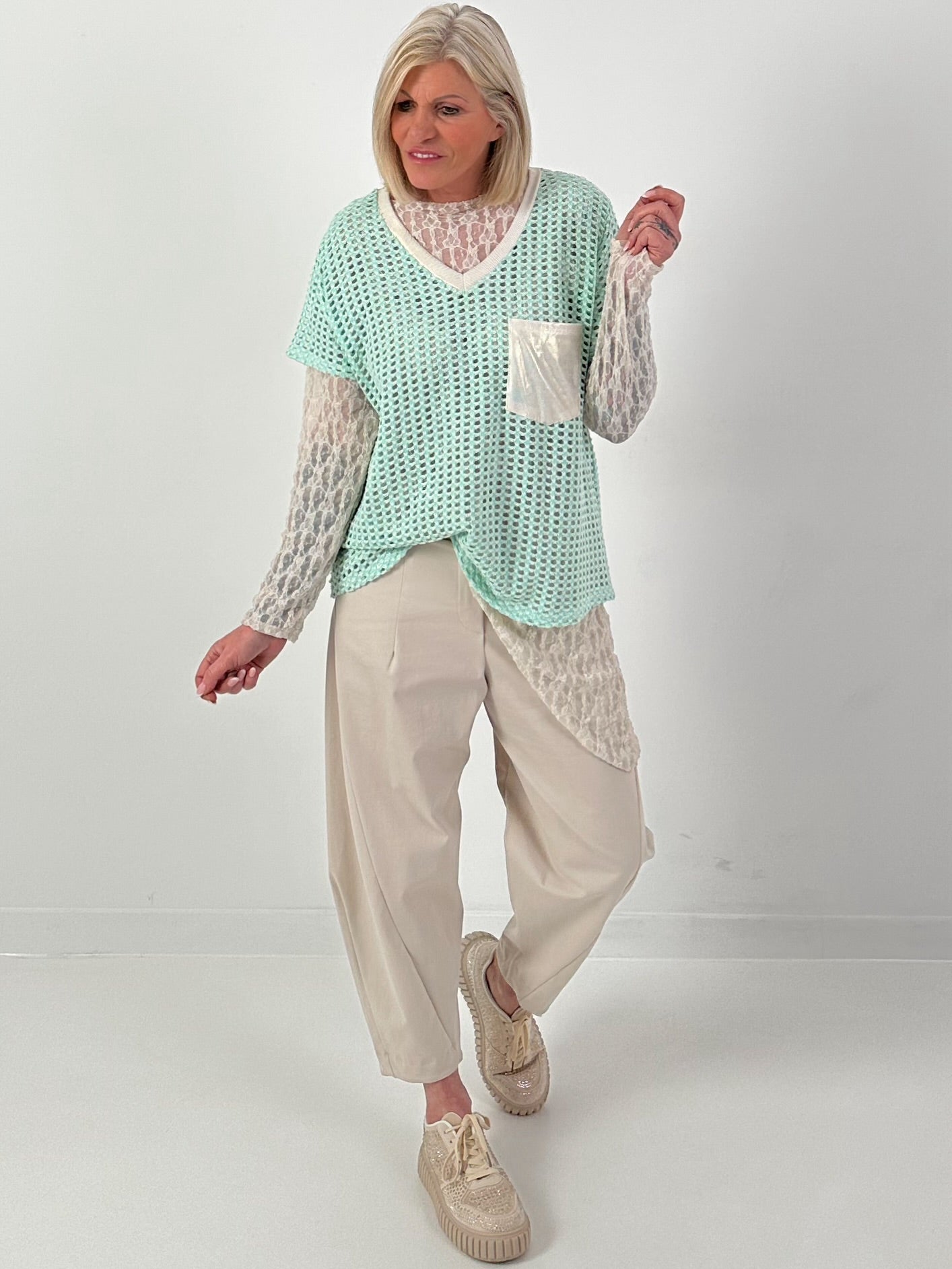 Häkelshirt mit V-Ausschnitt - mint