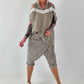 Leinen Shirt mit Pailletten und Cold Shoulder - taupe