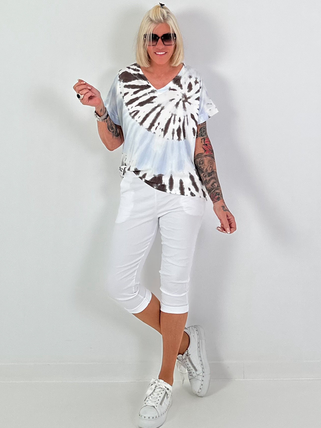 Batik Shirt - weiss-hellblau-dunkelbraun