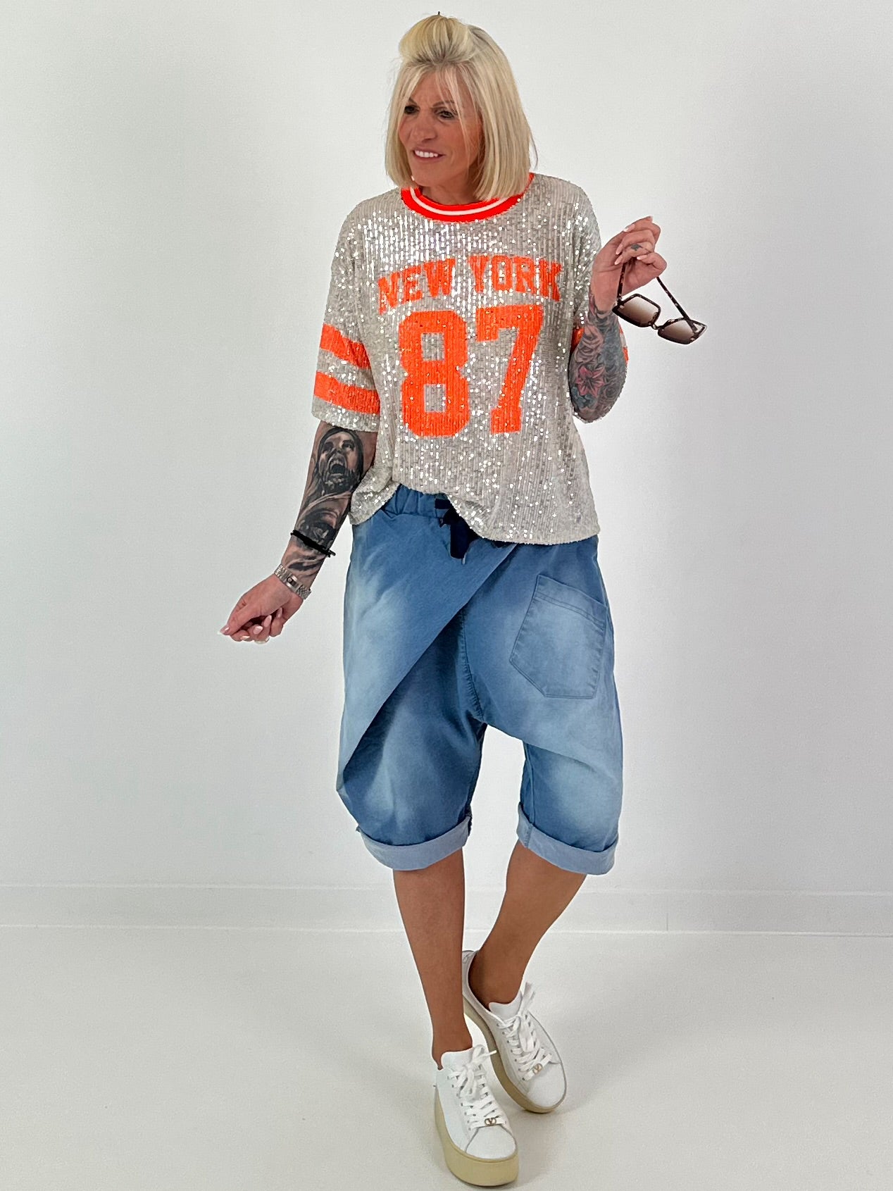 Sequin Shirt New York - silver-neon orange