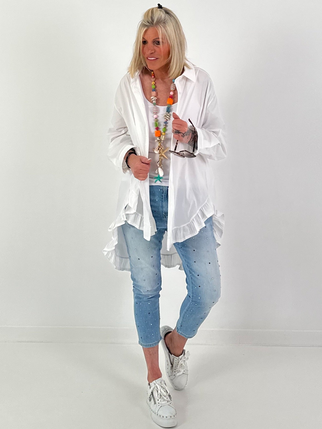 Oversized frilled shirt blouse - white