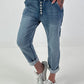 Boyfriend Jeans with Decorative Buttons - Blue