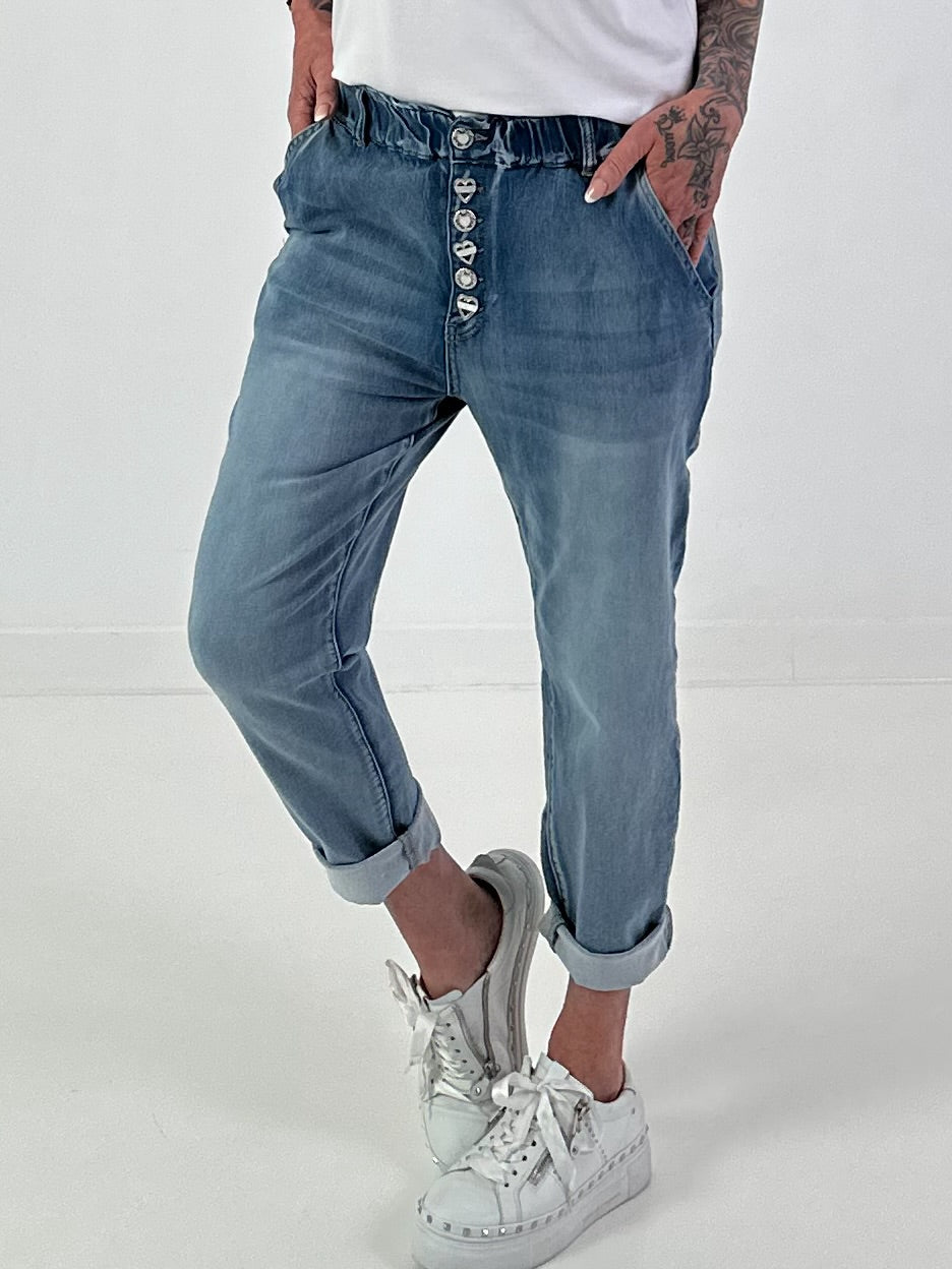 Boyfriend Jeans with Decorative Buttons - Blue