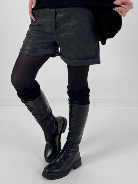 Leather-look shorts, model "Velvet Shine" - dark grey