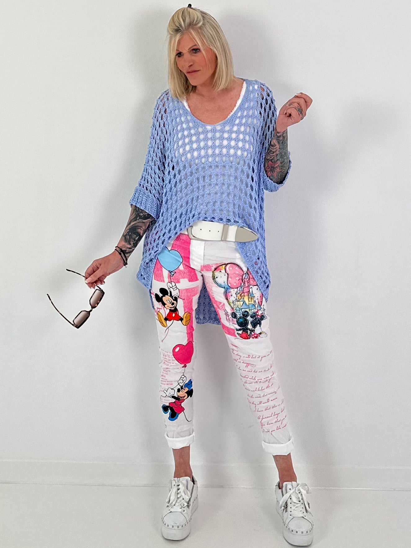 Hose mit Print-Mix und Comicmotiven - weiss-pink-mehrfarbig