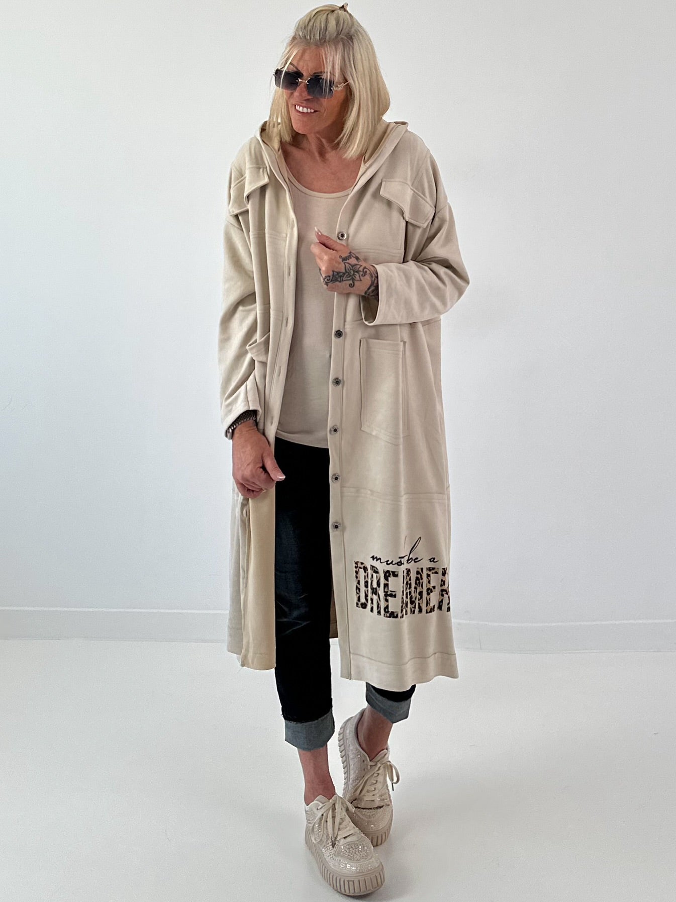 Hooded coat with print - beige
