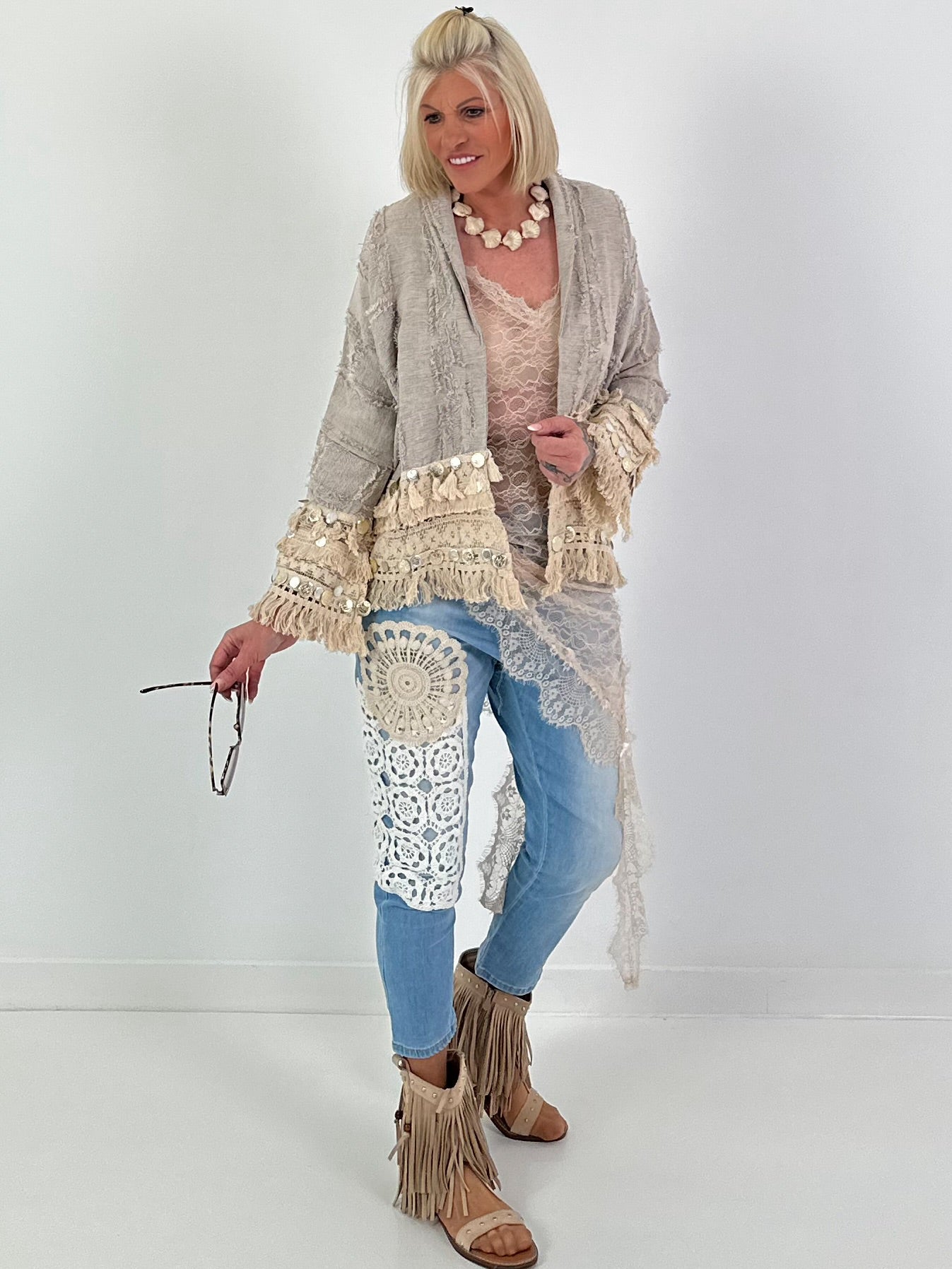 Boho-jasje met uitgebreide details - beige-blauw