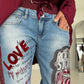 Jogg-Jeans im Used Look Love & Rock - denim-burgundi