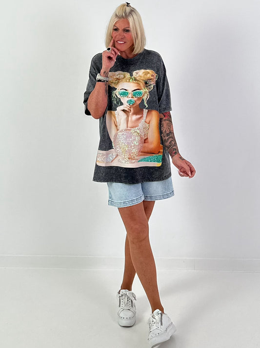 T-Shirt mit Pailletten Motiv - grau