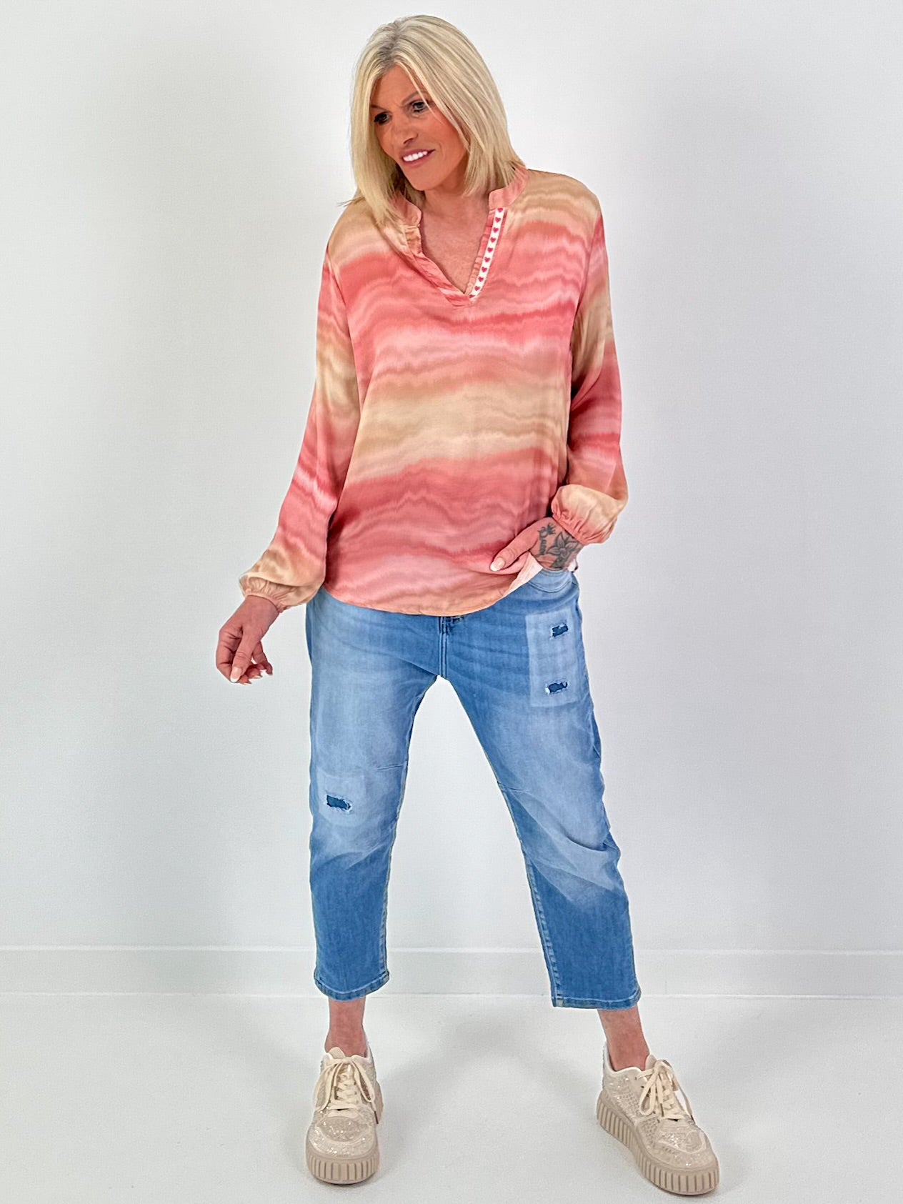 Silk tunic with colour gradient and heart details - pink-multicoloured