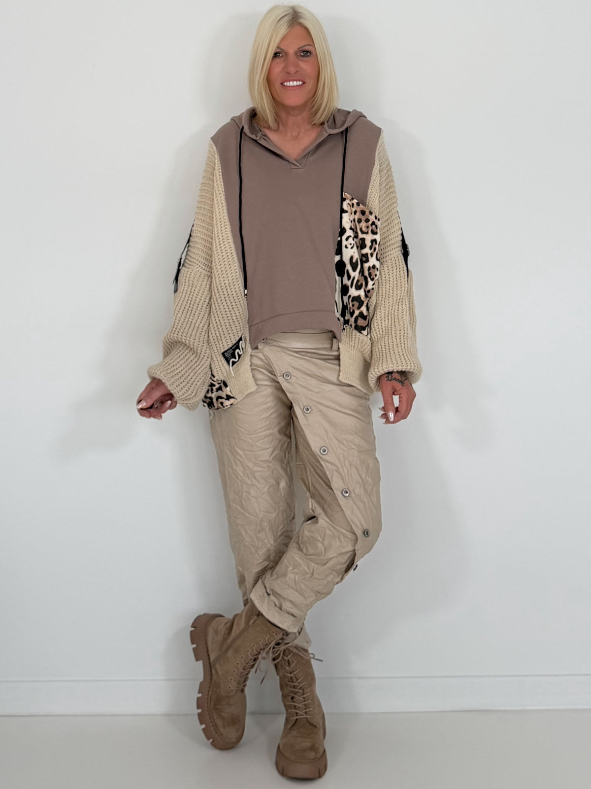 Oversized Grobstrick-Hoodie mit Sweat-Einsatz  - taupe-beige