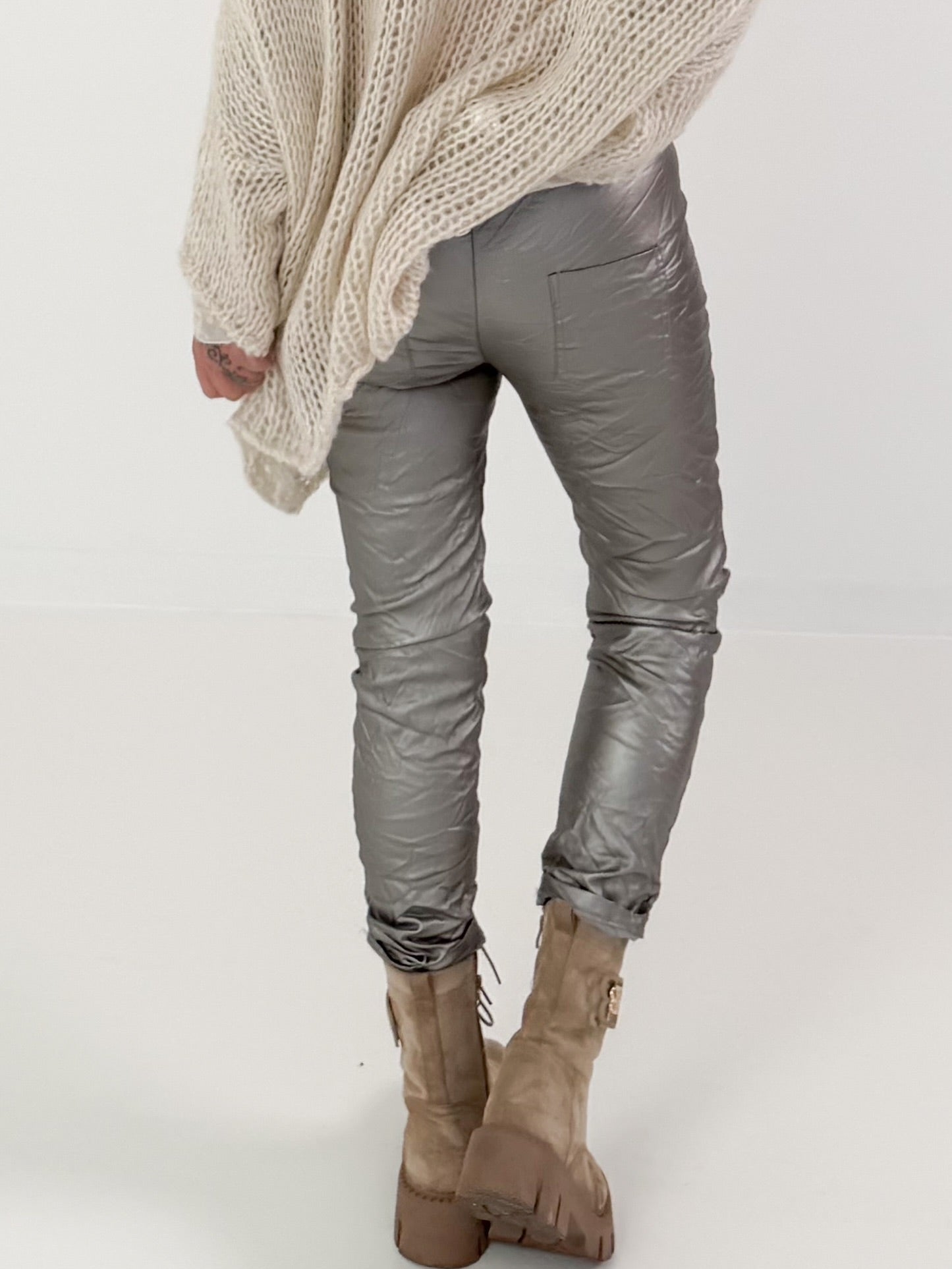 Vegan Leather Trousers with Patch - Silver-Grey