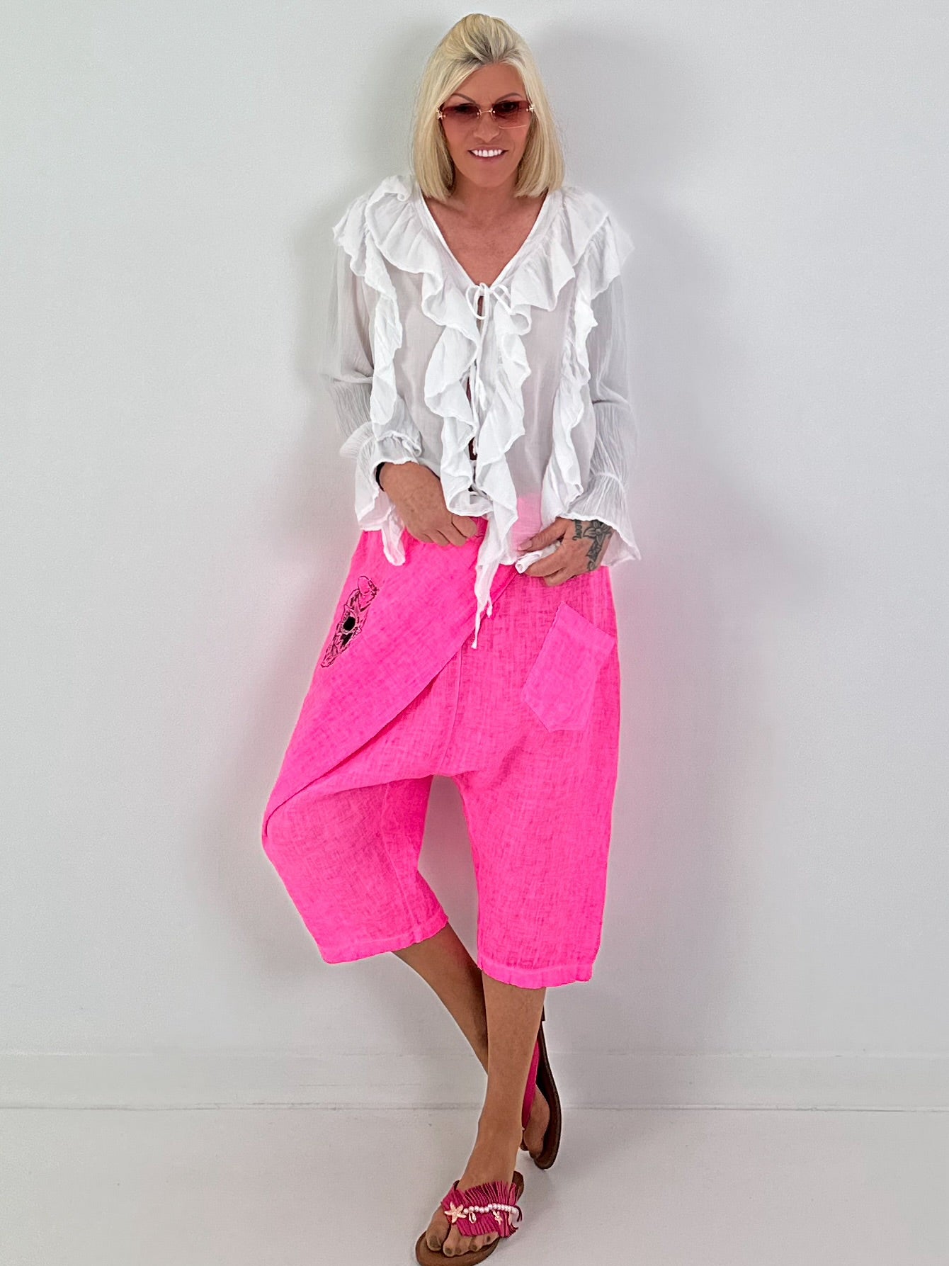 Tunic with Tie and Ruffles - White