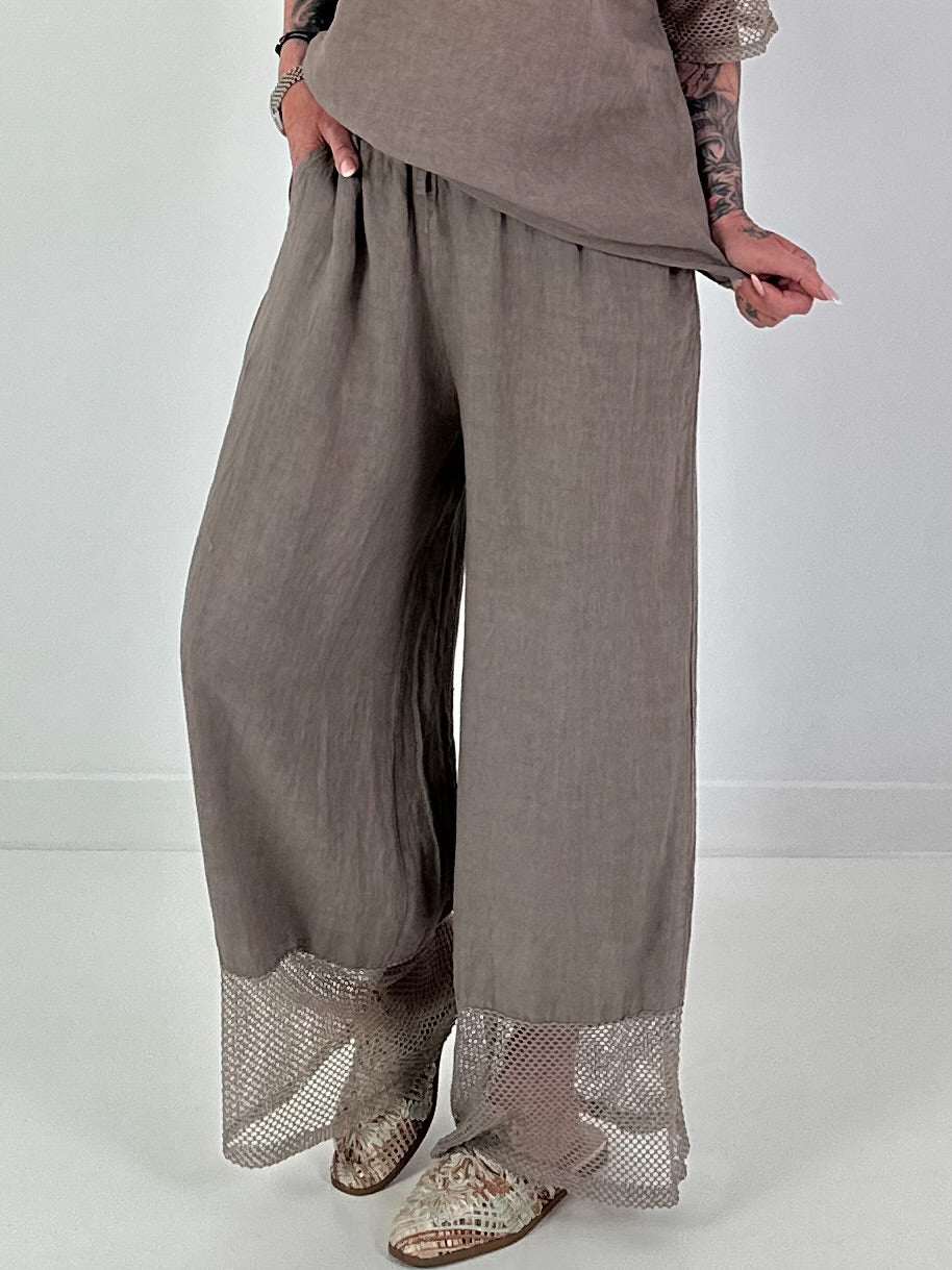 Wide Leg Linen Trousers - Taupe