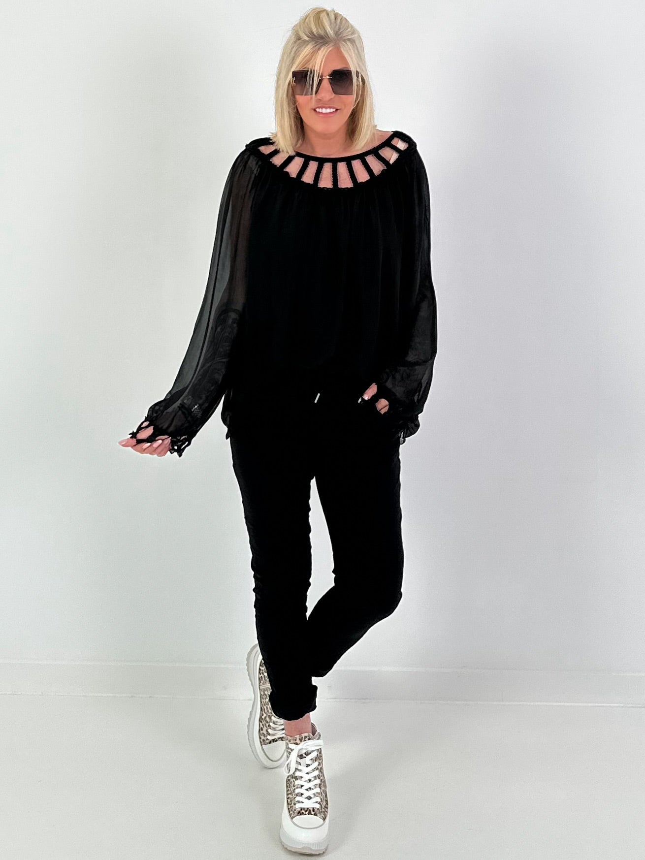 Silk tunic with crocheted neckline - black