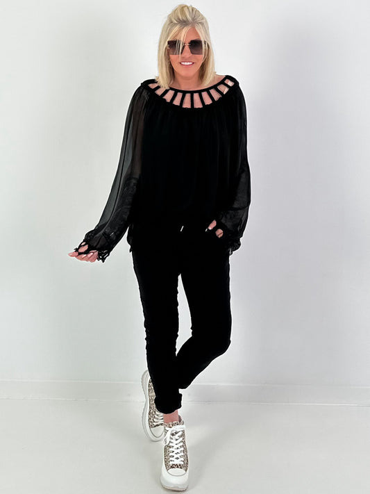 Silk tunic with crocheted neckline - black
