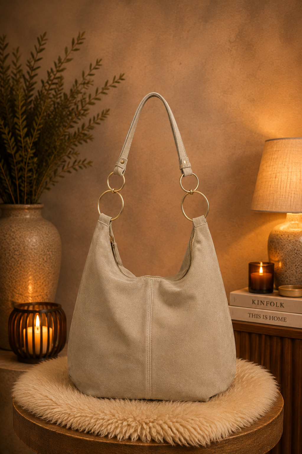 Genuine leather bag with elaborate details - beige