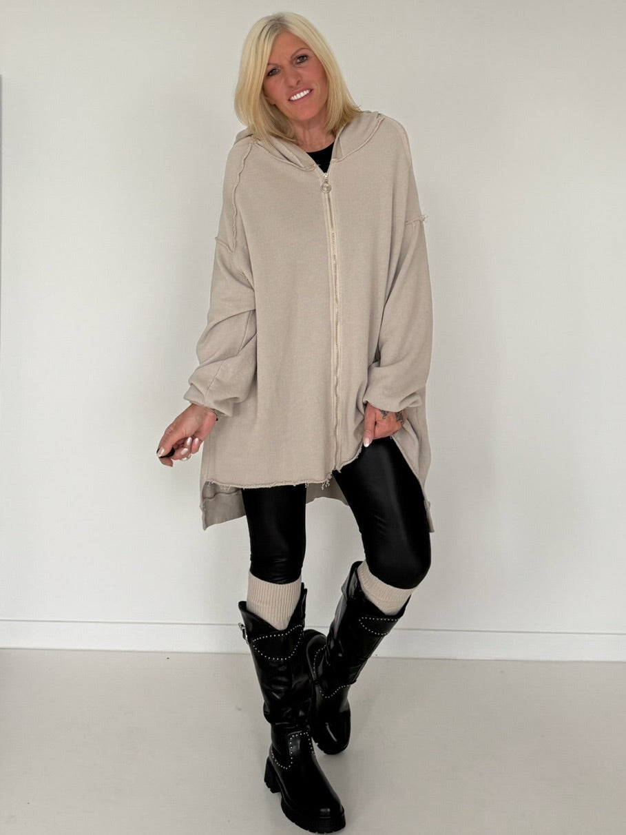 Oversized Long-Sweatjacke im Used-Look - beige