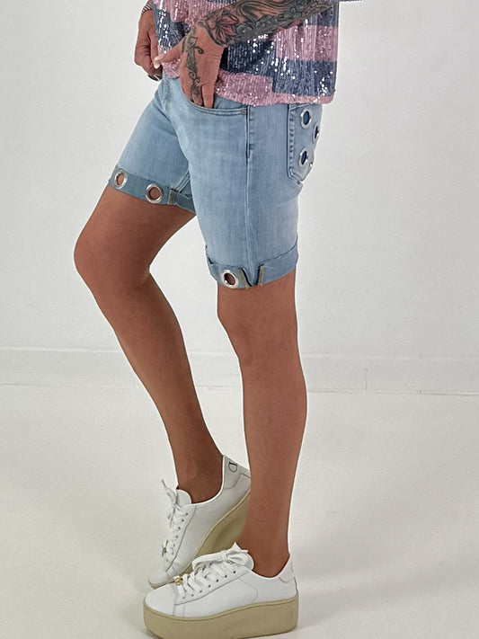 Eyelet Trim Denim Shorts - Light Blue