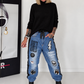 Boyfriend Jeans im Materialmix mit Paillettenapplikationen - denim-schwarz