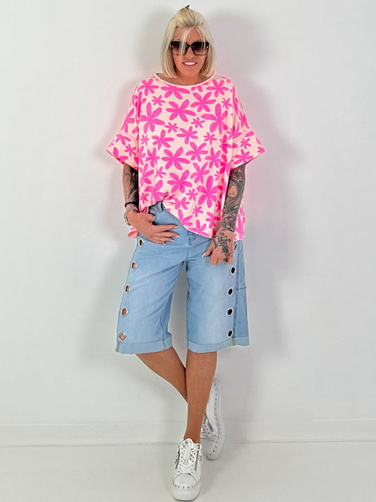 Sweat T-Shirt mit floralem Muster - rosa-neonpink