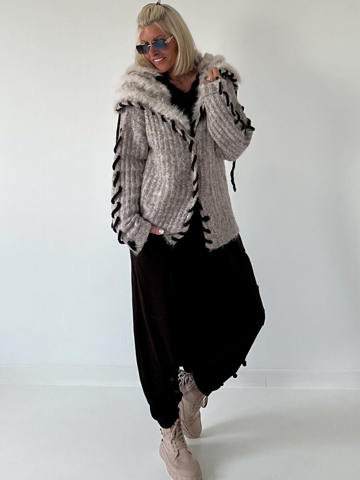 Cozy Cardigan with Oversized Faux Fur Collar - Taupe