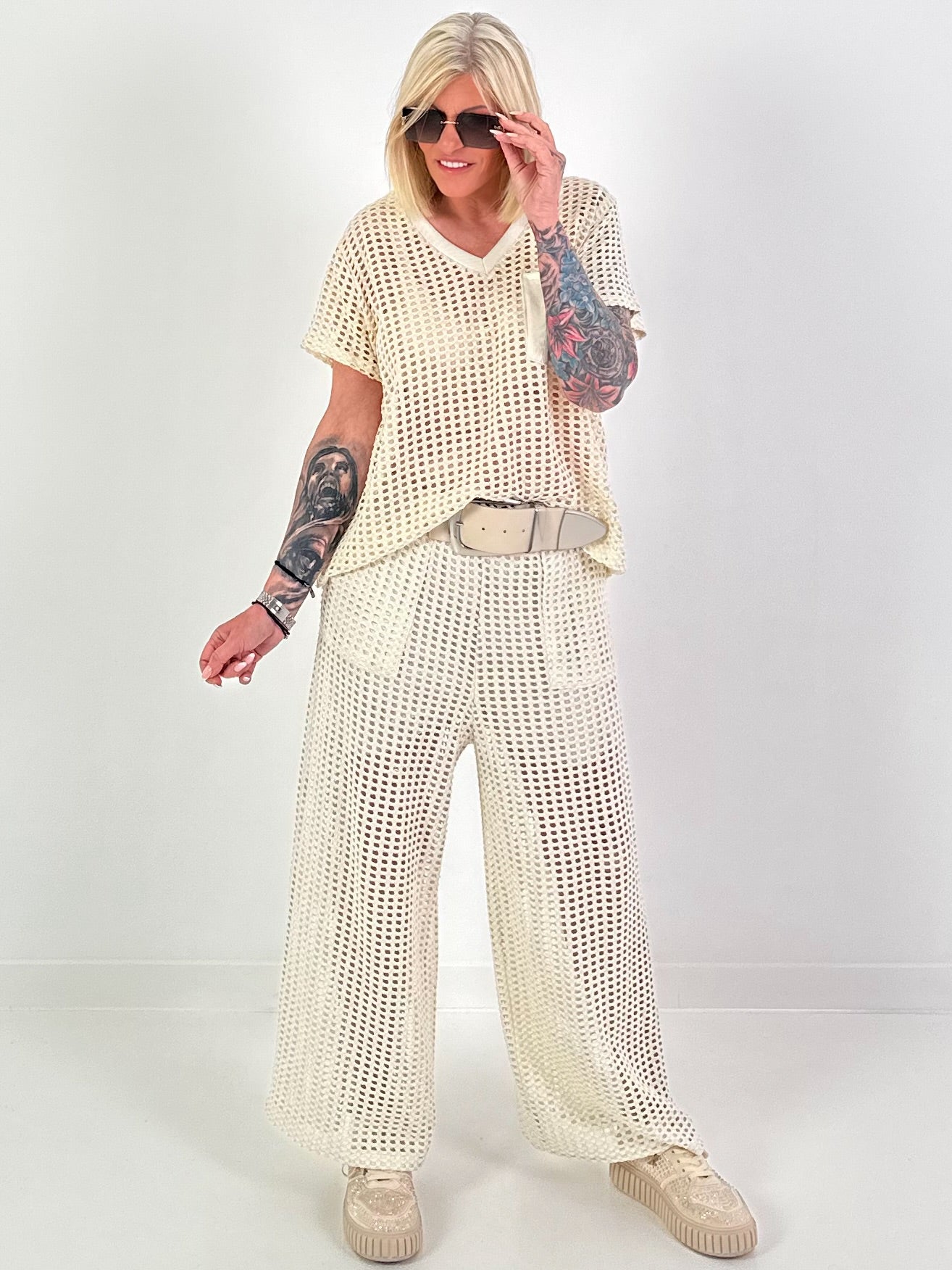 Crochet Top with Lurex - beige