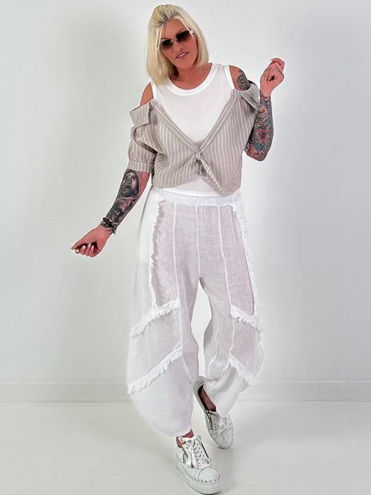 Ripp Top mit Blusen Layering - weiss-beige
