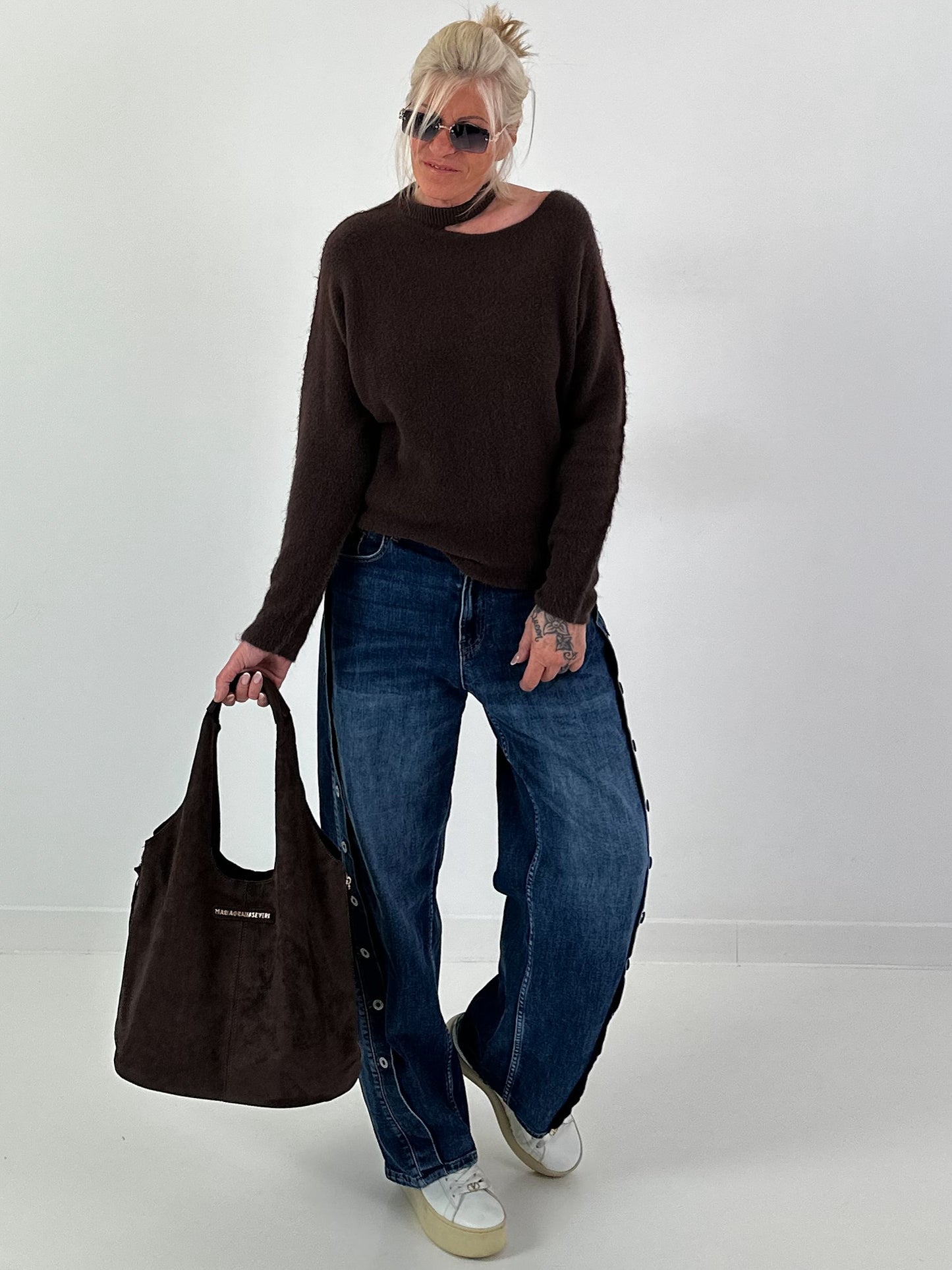 Knitted Cut-Out Sweater - mocha