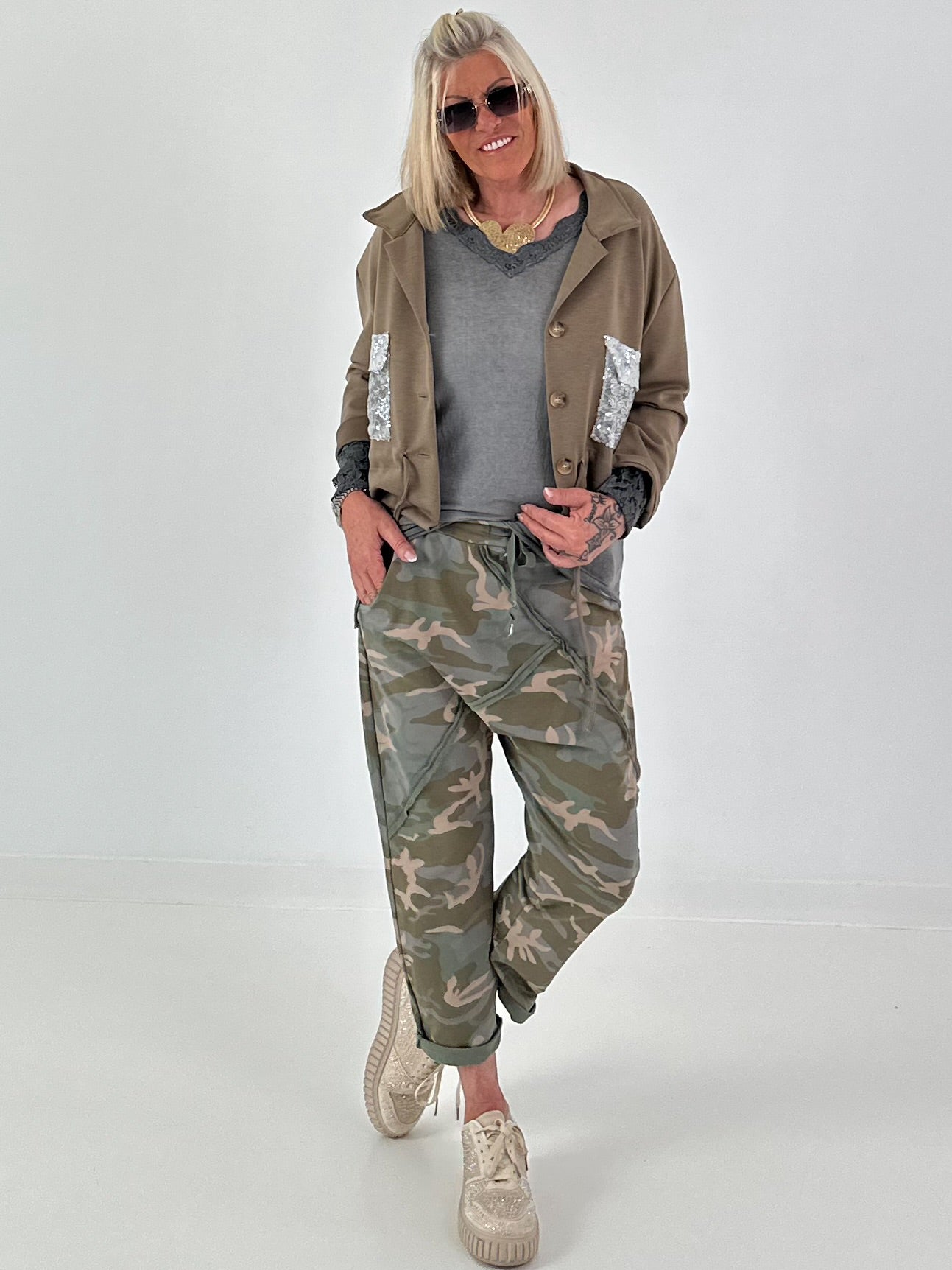Jacke mit Pailletten Taschen- taupe