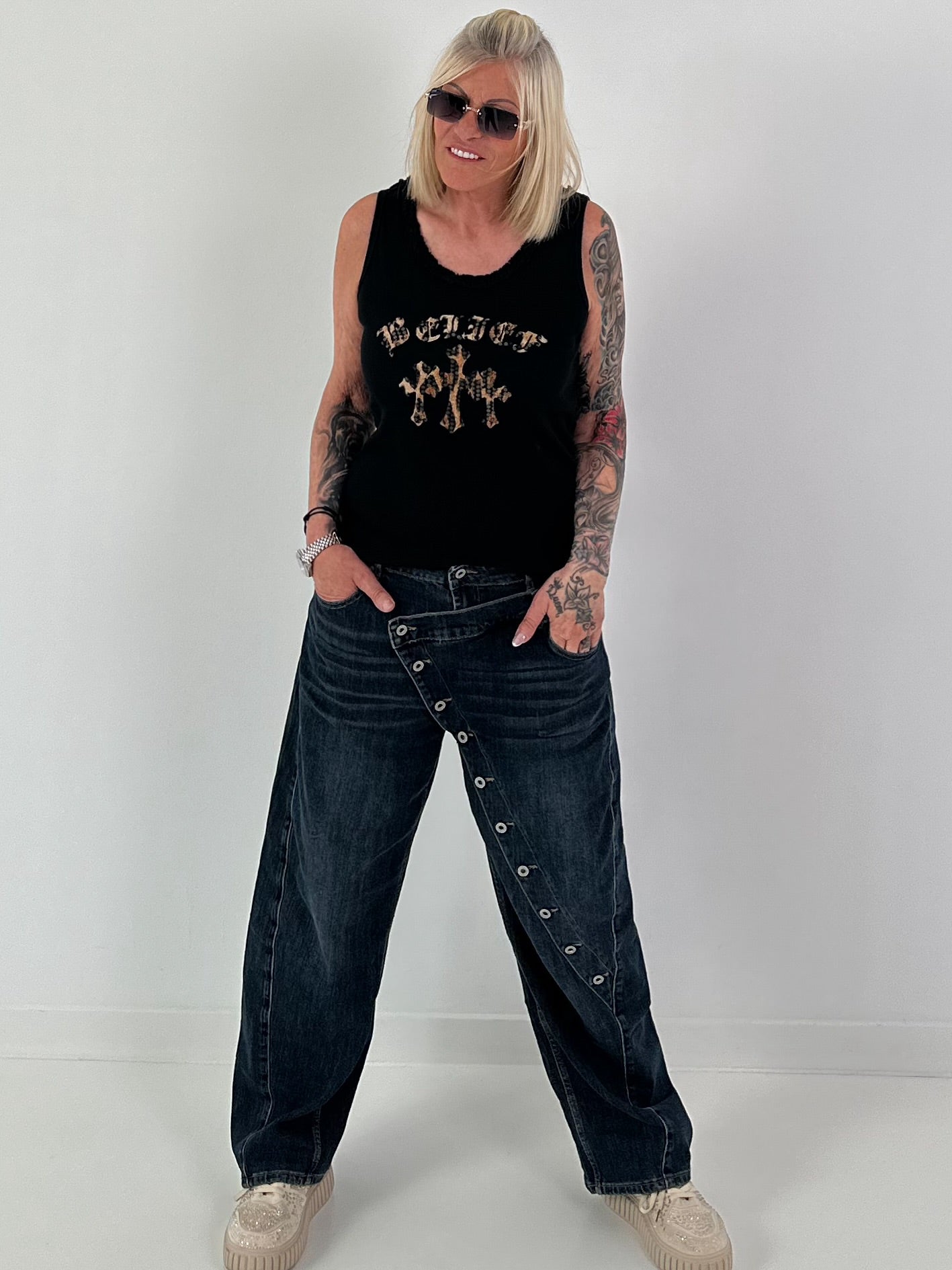 Ripp Tank Top mit Print  - schwarz