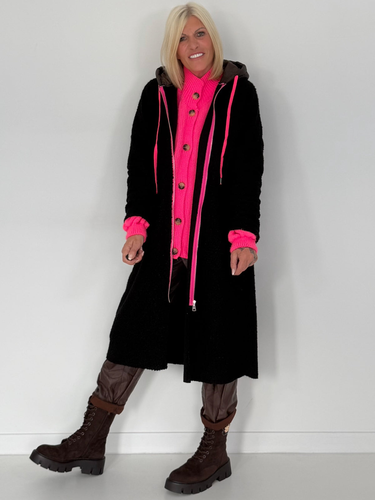 Coat with teddy curl look and neon accents - black