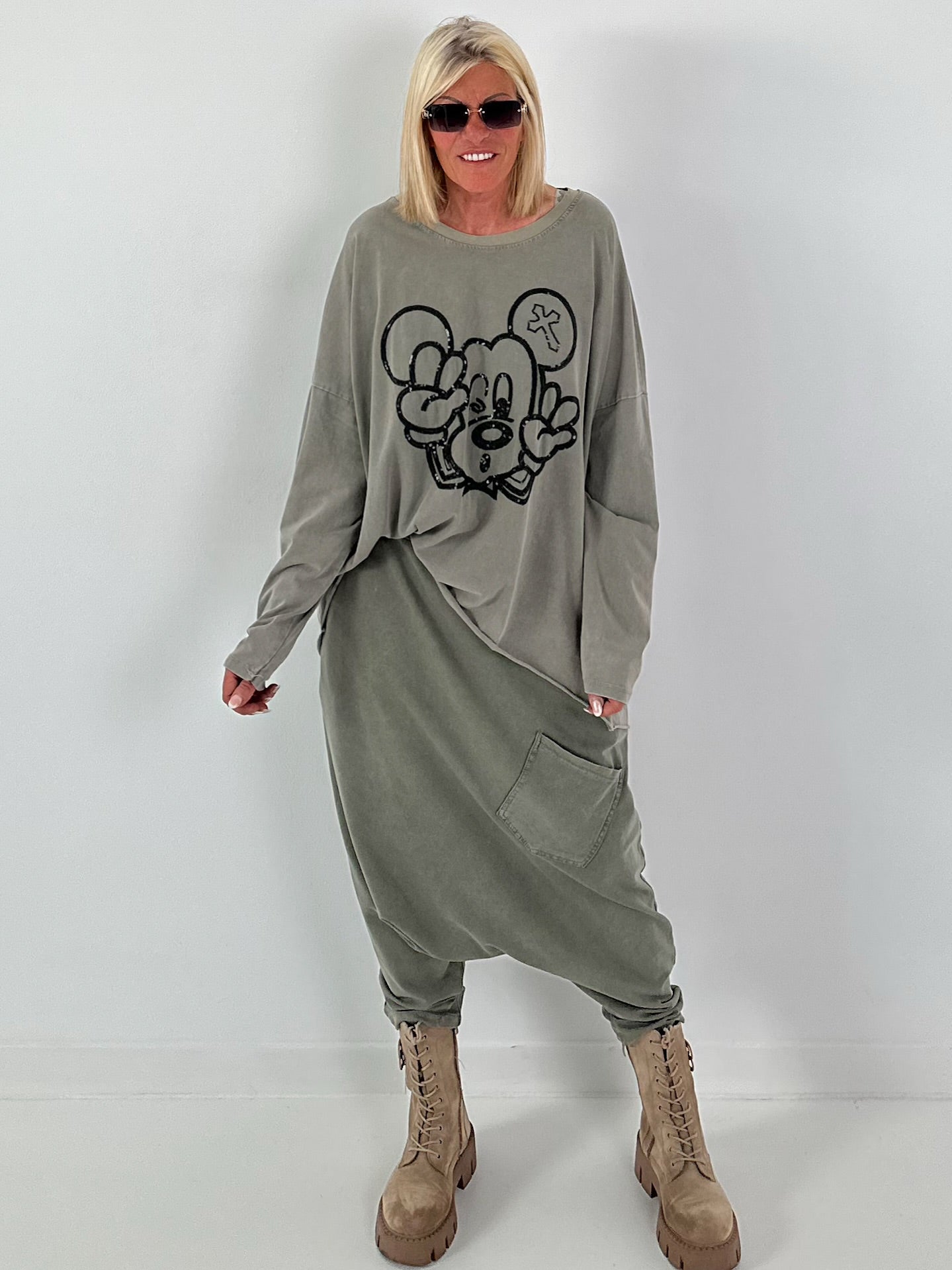 Oversized Sweater mit Paillettenprint - khaki