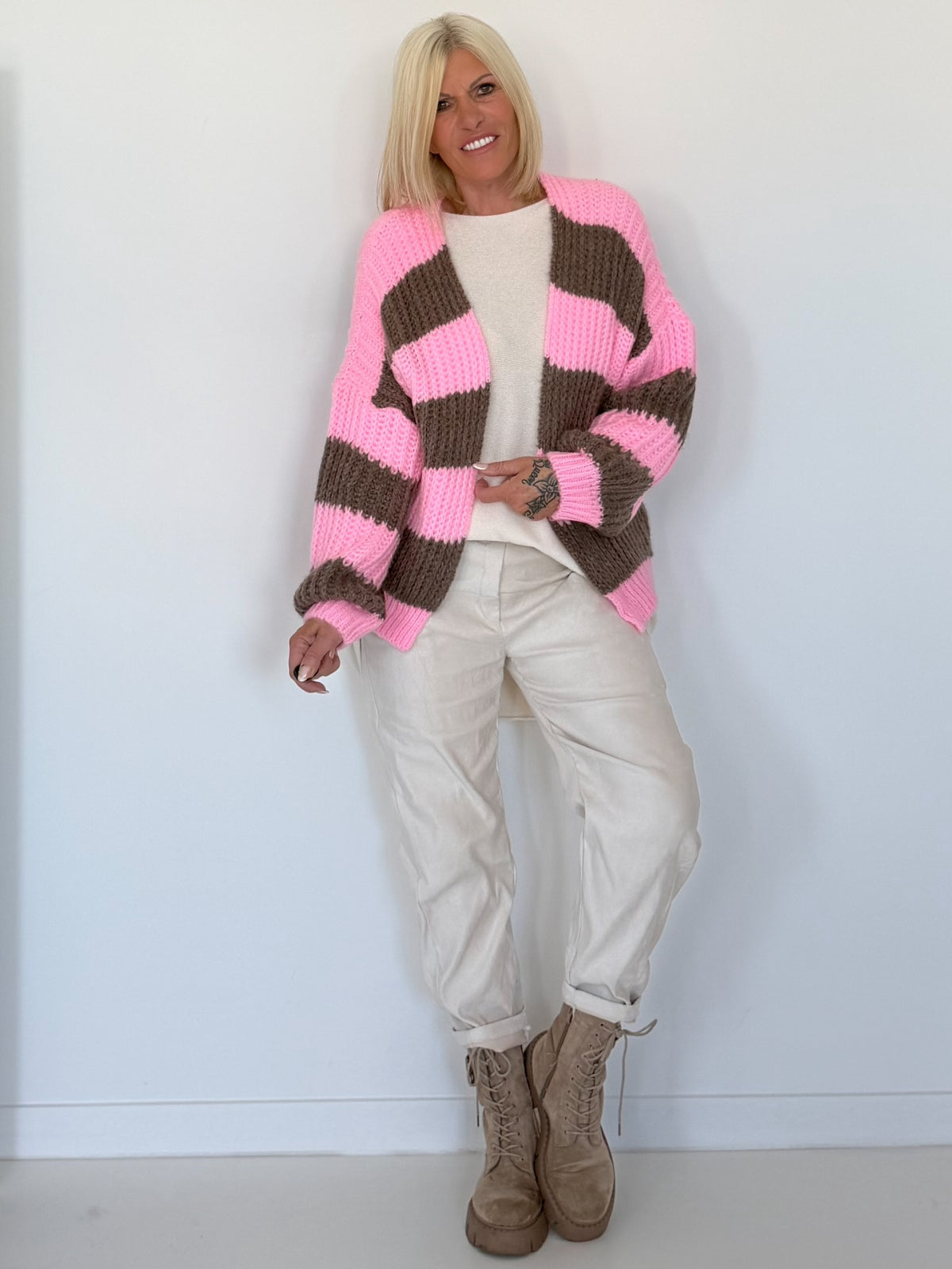 Strickjacke mit Blockstreifen - rosa-taupe