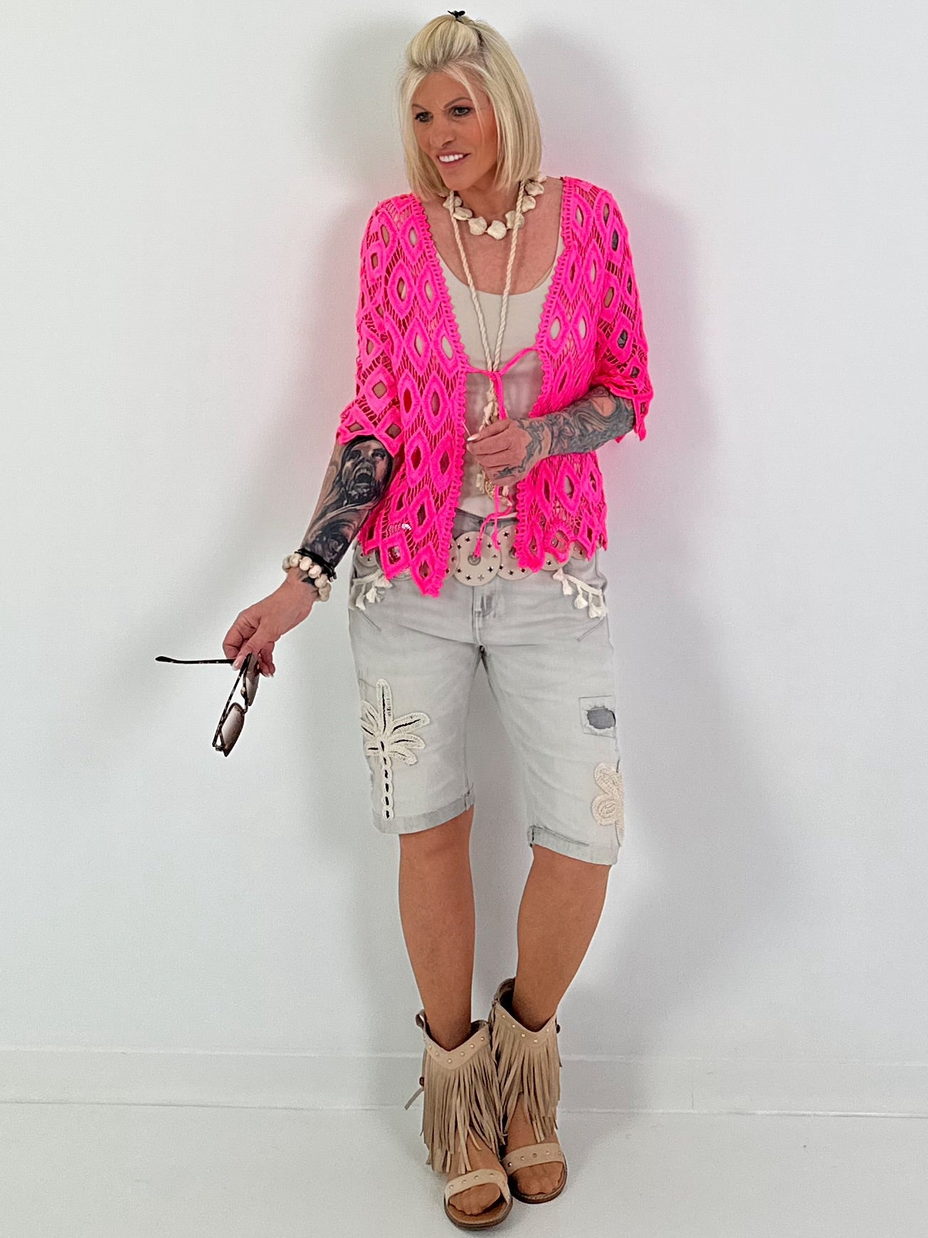 Crochet tie-front cardigan - neon pink