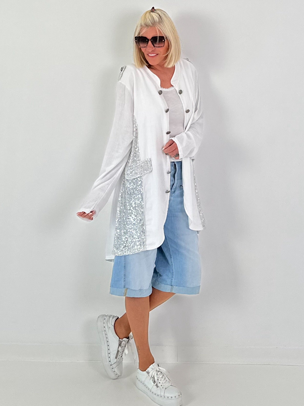 Oversized Leinen-Military Blazer - weiss