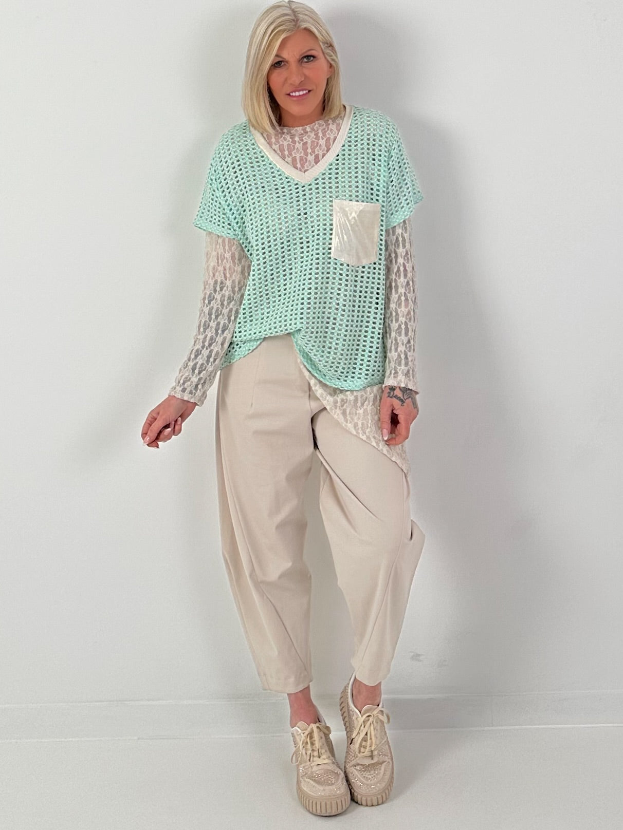 Häkelshirt mit V-Ausschnitt - mint