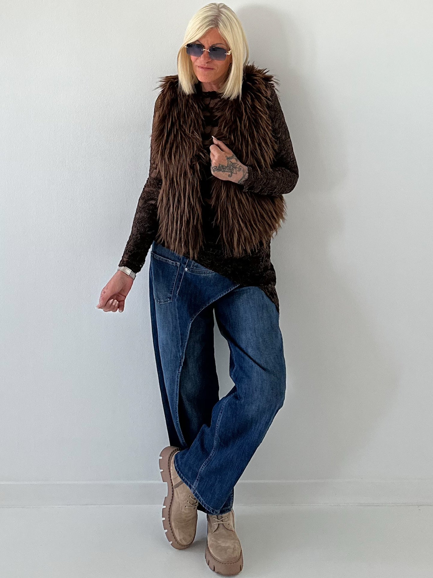 Stylische fake Fell Weste - mokka