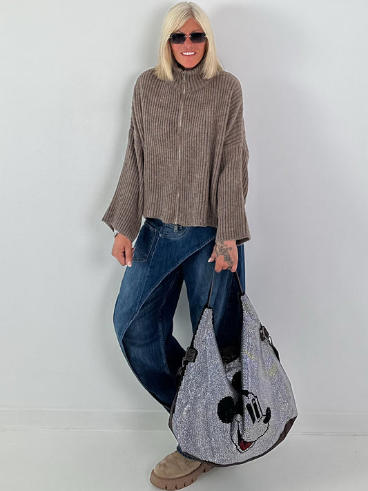 Casual ribbed knit jacket with silver zipper - taupe