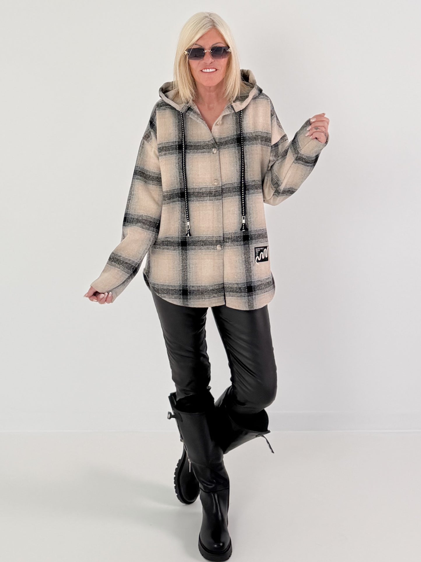 Plaid hooded overshirt - beige-black-multicoloured