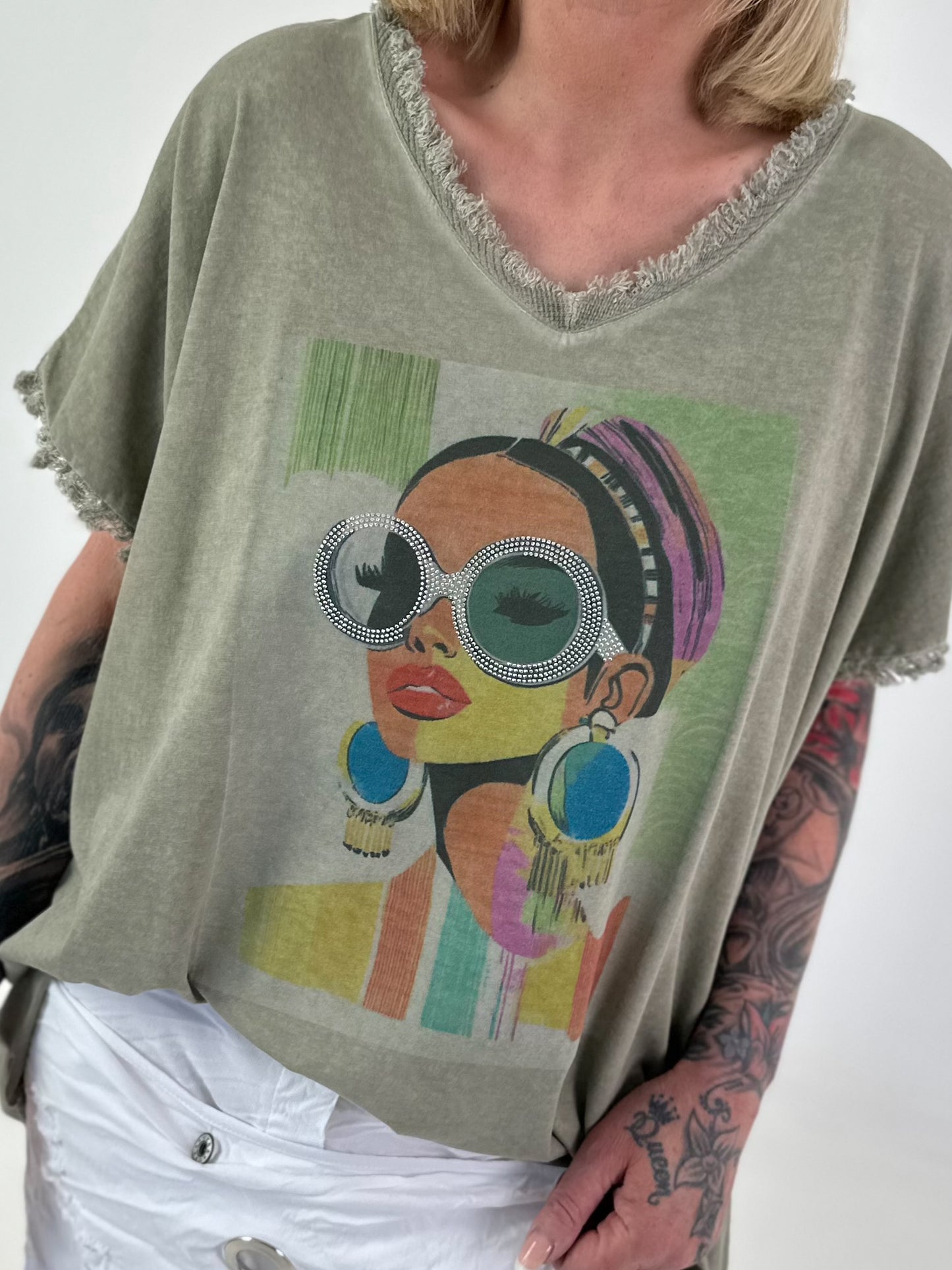 Oversized Shirt with Front Print - Khaki