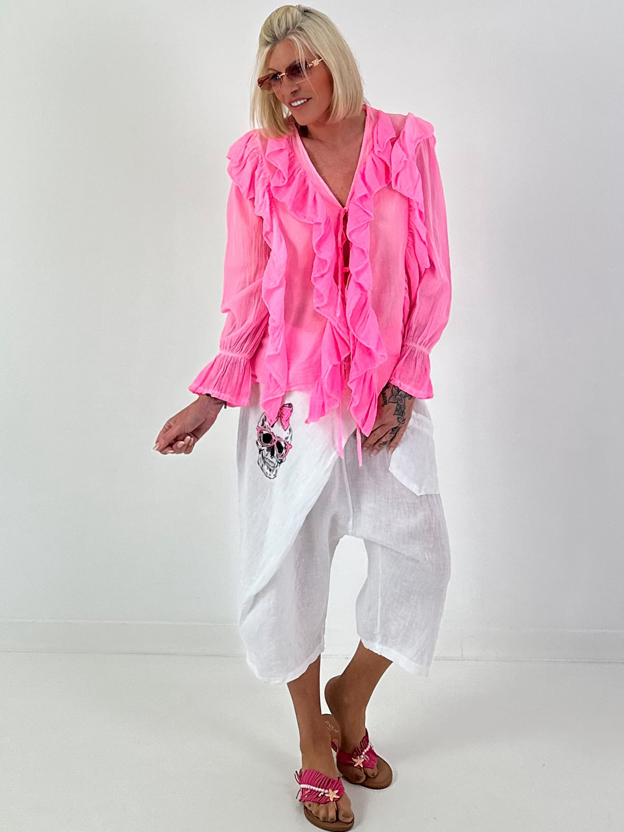 Tunika zum Binden mit Volants - neonpink