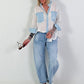 Bluse mit Strasssteinen und Denim-Details - weiss-denim