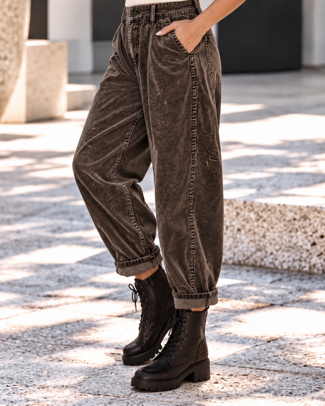 Soft balloon corduroy trousers with belt - stone-washed mocha