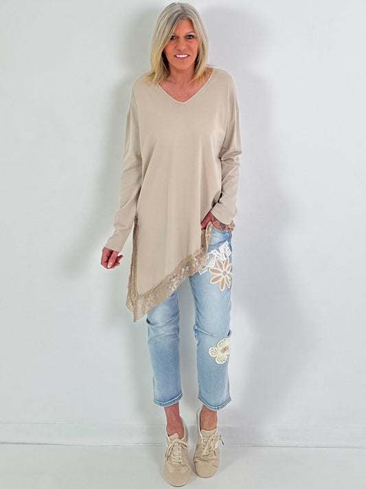 Shirt mit Spitzenabschluss - beige