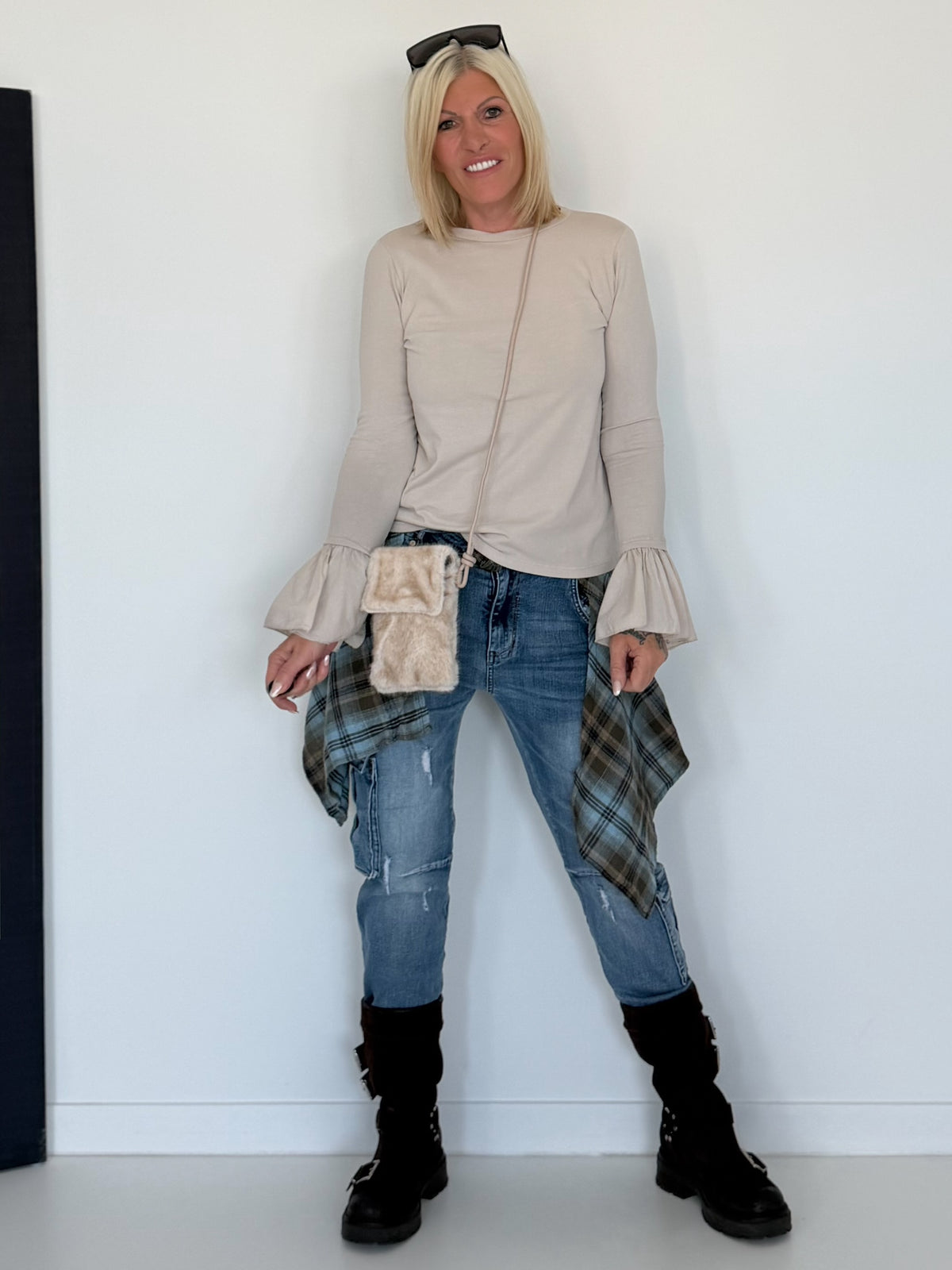 Shirt mit Trompetenärmelchen - beige