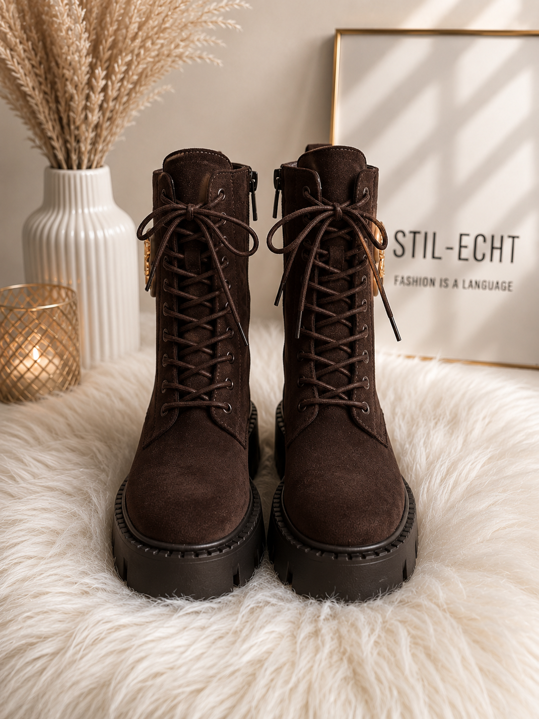 Suede-look ankle boot with chunky sole - chocolate
