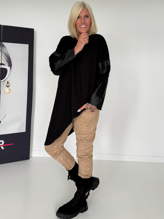 Asymmetric sweater with cross and leather-look details - black